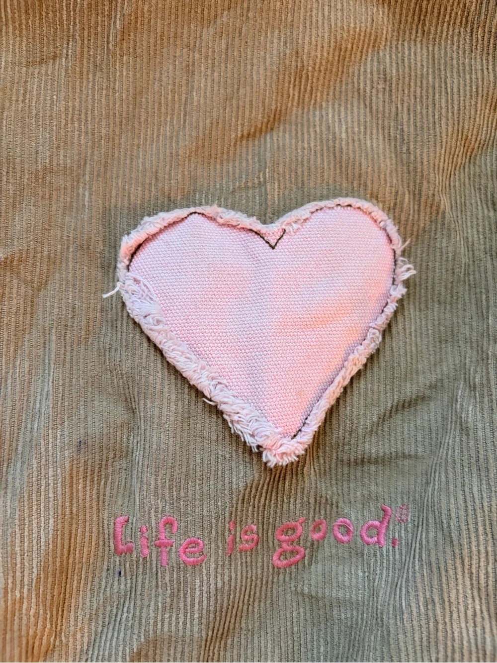 Vintage Life Is Good Corduroy Drawstring Backpack Cinch Bag Pink Heart Tan Y2K